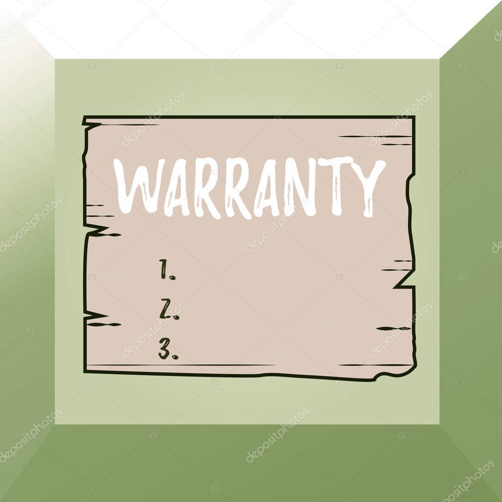 Conceptual hand writing showing Warranty. Business photo showcasing Free service of repair and maintenance of the product sold Wooden plank slots grooves wood panel colored board lumber.