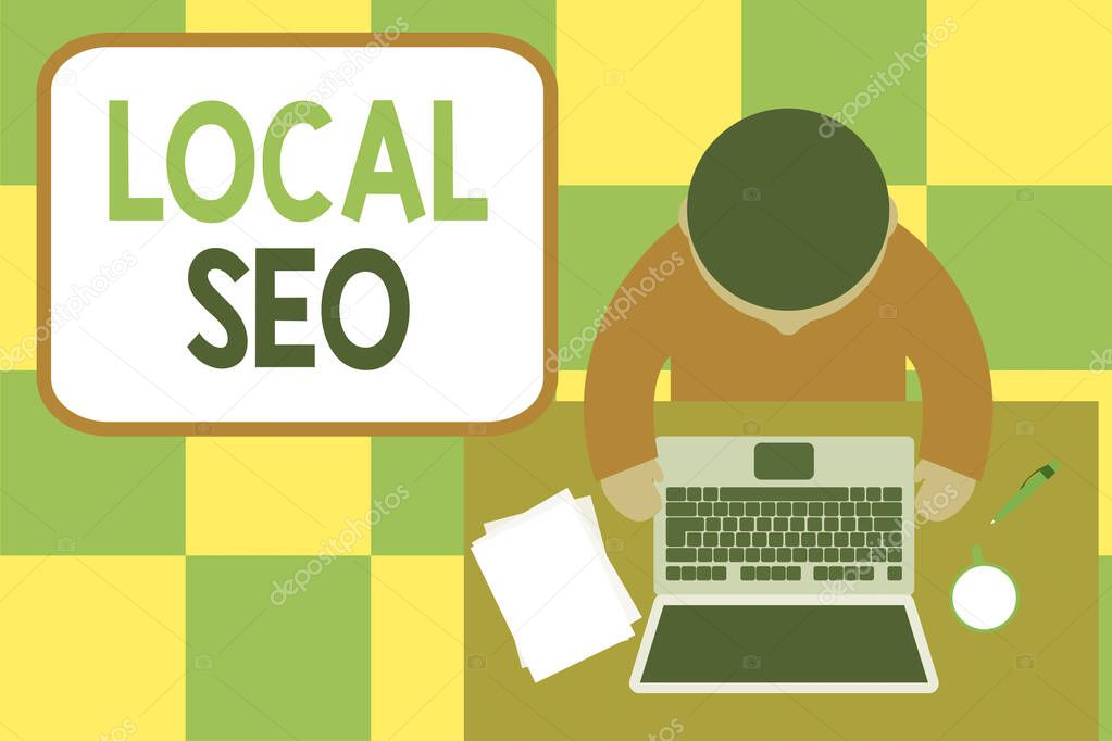 Conceptual hand writing showing Local Seo. Business photo showcasing This is an effective way of marketing your business online Upper view young man sitting table laptop coffee cup pen.