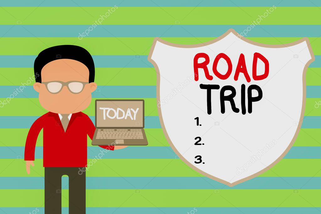 Conceptual hand writing showing Road Trip. Business photo text Roaming around places with no definite or exact target location Man in suit wearing eyeglasses holding open laptop photo Art.