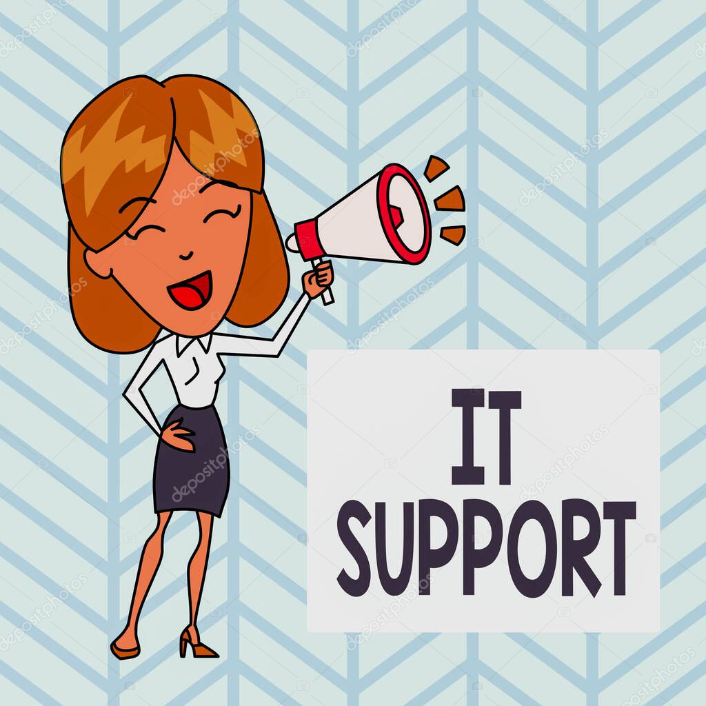 Word writing text It Support. Business concept for Lending help about information technologies and relative issues Young Woman Speaking into Blowhorn Volume Icon Colored Backgdrop Text Box.