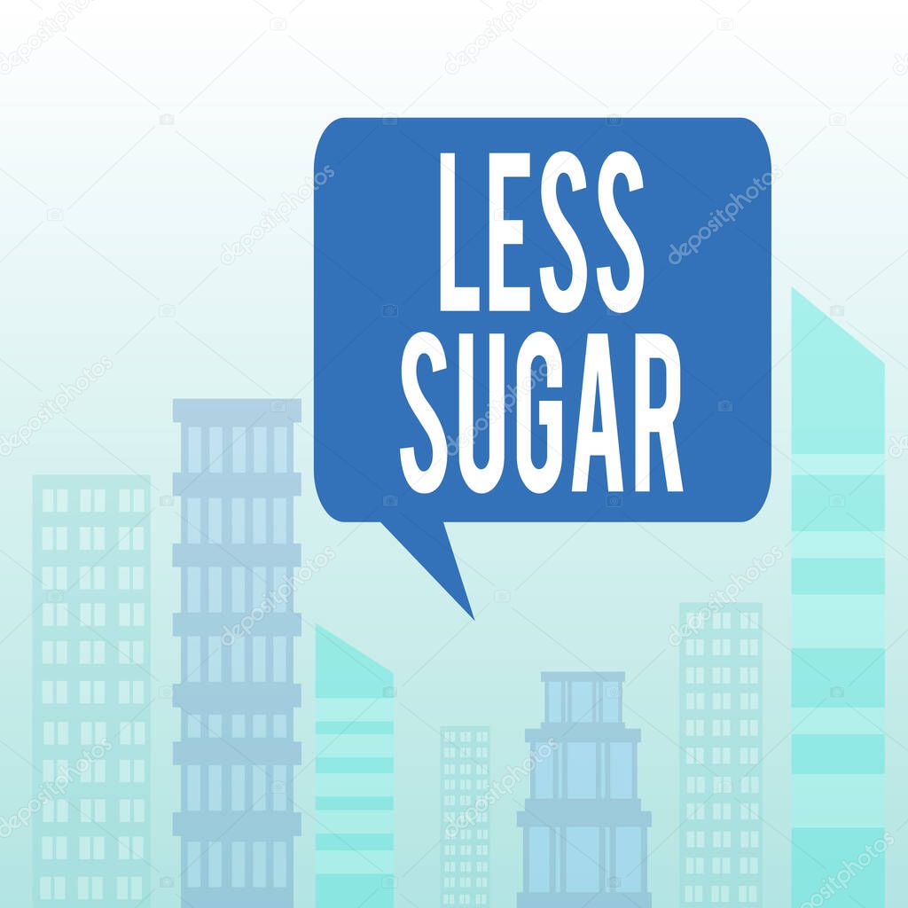 Handwriting text Less Sugar. Concept meaning Lower volume of sweetness in any food or drink that we eat Outdoor Cityscape Urban View Skyscrapers in Pastel Blue Unclouded Skies.