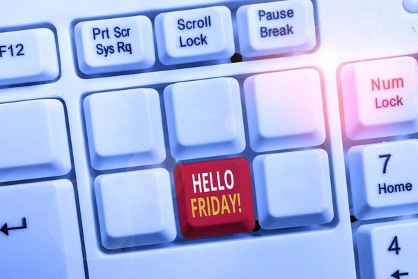 Conceptual hand writing showing Hello Friday. Business photo showcasing used to express happiness from beginning of fresh week White pc keyboard with note paper above the white background. — Stock Photo, Image