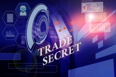 Kelime yazma metin Trade Secret. Bir ürün hakkında gizli bilgi için İş konsepti Fikri mülkiyet Kadın akıllı cihaz kullanarak sunum sunan resmi iş elbisesi giymek.
