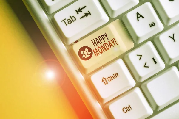 Word writing text Happy Monday. Business concept for telling that demonstrating order to wish him great new week White pc keyboard with empty note paper above white background key copy space.