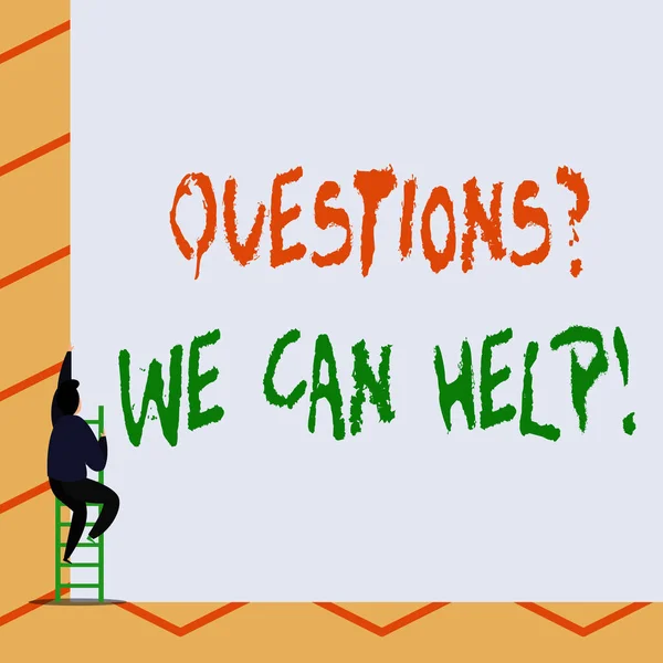 Conceptual hand writing showing Questionsquestion We Can Help. Business photo text offering help to those who wants to know One Male climb up the tall high wall use short ladder stairway. — Stock Photo, Image