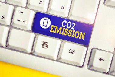 El yazısı metin Co2 Emisyon. Kavram anlamı zaman içinde atmosfere sera gazlarının serbest bırakılması Beyaz pc klavye beyaz arka plan anahtar kopyalama alanı üzerinde boş not kağıdı ile.