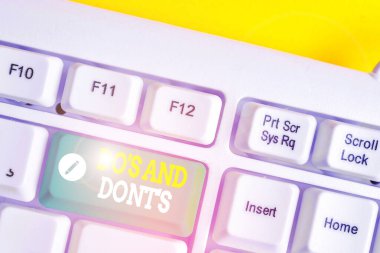 Do S And Dont S. Bazı etkinlik veya eylemlerle ilgili kavramsal fotoğraf kuralları veya geleneklerini gösteren metin işareti Beyaz bilgisayar klavyesi beyaz arka plan tuşu kopya alanının üzerinde boş not kağıdı ile.