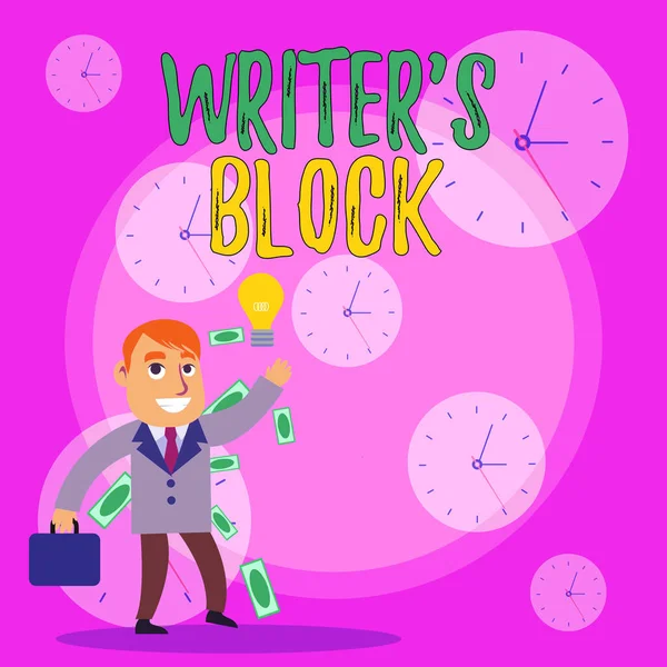 Nota de escritura que muestra Writer S Block. Exhibición de la foto del negocio Condición de ser incapaz de pensar en qué escribir Empresario acertado que genera la idea o que encuentra la solución . — Foto de Stock