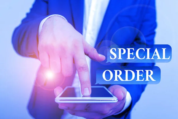 Text sign showing Special Order. Conceptual photo Specific Item Requested a Routine Memo by Military Headquarters Businessman in the blue suite with lap top pointing with finger. — Stock Photo, Image