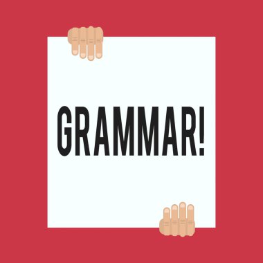 Kelime yazma grameri. Tüm sistem yapı dili sözdizimi ve morfolojisi için iş konsepti İki el üstte ve altta büyük boş bir kağıt tutar.