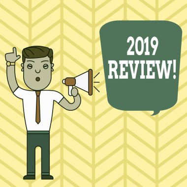 El yazısı 2019 Review. Kavram, geçen yılki olayları hatırlamak demek. Ana eylemler veya iyi gösteriler. Sağ İşaret Parmağı Kalkmış Adam ve Megafona Konuşuyor..