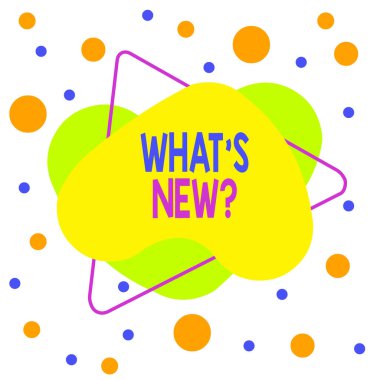 Kelime yazma metni Yeni Soru. İş konsepti, birisine güncel canlı olayları hakkında soru sorduğunuzda asimetrik biçimsiz biçim şekli nesne ana hatları çok renkli tasarım.