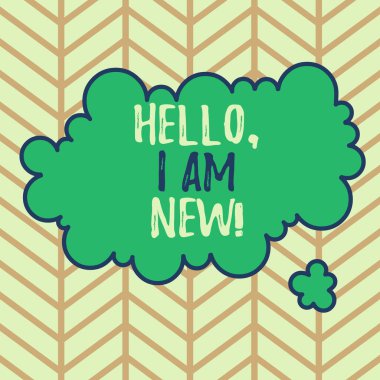 Hello I 'm New' i gösteren bir not yazıyorum. Bir grupta kendinizi yeni işçi ya da öğrenci olarak tanıtan iş fotoğrafı gösterimi. Asimetrik şekilli düzensiz şekil çok renkli nesne tasarımı..