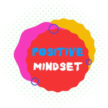 Kelime yazma metni Pozitif Düşünce. Uygun sonuçlar beklediğiniz zihinsel davranış için iş konsepti asimetrik biçimsiz şekil nesne ana hatları çok renkli tasarım.