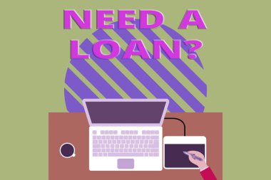 Borç Soru Gerektiğini gösteren bir not yazıyorum. İş fotoğrafı sergisi, gösteri ya da iş finansmanı için para teklif ediyor. Üst görünüm dizüstü bilgisayar ahşap masa başı çalışanı tablet kahve fincanı ofisi çiziyor..