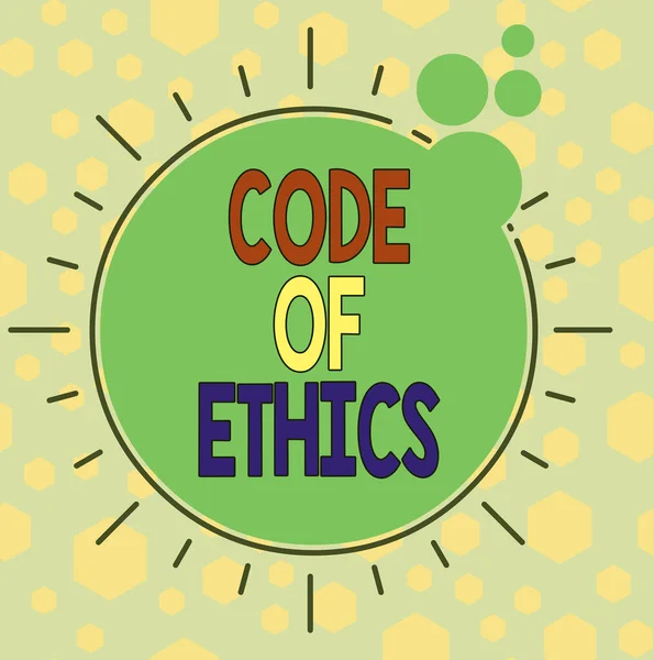 Handschrift tekst schrijven Code of Ethics. Concept betekent basisgids voor professioneel gedrag en legt verplichtingen op Asymmetrisch ongelijk vormgegeven format patroon object outline multicolour design. — Stockfoto