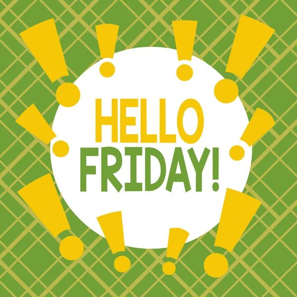 Text sign showing Hello Friday. Conceptual photo used to express happiness from beginning of fresh week Asymmetrical uneven shaped format pattern object outline multicolour design.