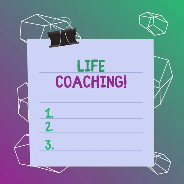 Word writing text Life Coaching. Business concept for demonstrating employed to help showing attain their goals in career Paper lines binder clip cardboard blank square notebook color background. — Stock Photo, Image