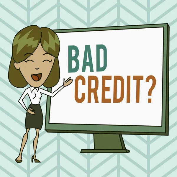 Writing note showing Bad Creditquestion. Business photo showcasing inabilityof a demonstrating to repay a debt on time and in full White Female in Standing Pointing Blank Screen Whiteboard Presentatio — Stock Photo, Image