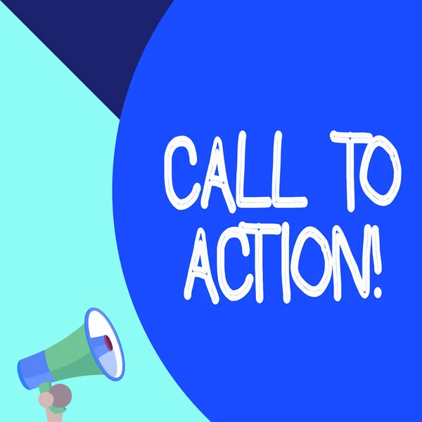 Ordskrivning text Call To Action. Affärsidé för förmaning göra något för att uppnå mål med problem Halvtom stor ballong tom text med små megafon. Meddelande om upphandling. — Stockfoto