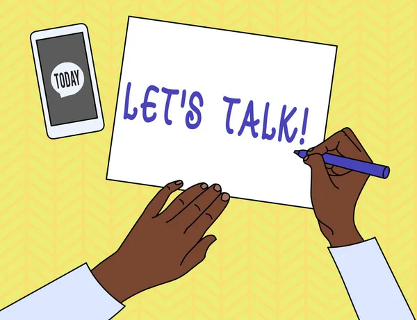 Konceptualne pismo ręczne pokazujące Let S Talk. Prezentacja zdjęć biznesowych sugerują rozpoczęcie rozmowy na określony temat Top View Man Writing Paper Pen Smartphone Message Icon. — Zdjęcie stockowe