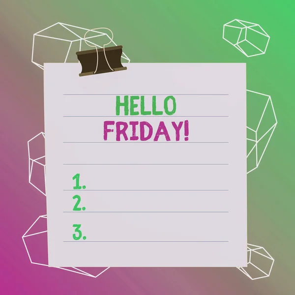 Word writing text Hello Friday. Business concept for used to express happiness from beginning of fresh week Paper lines binder clip cardboard blank square notebook color background.