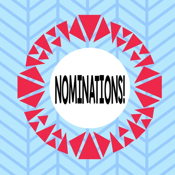 Text sign showing Nominations. Conceptual photo action of nominating or state being nominated for prize Asymmetrical uneven shaped format pattern object outline multicolour design.