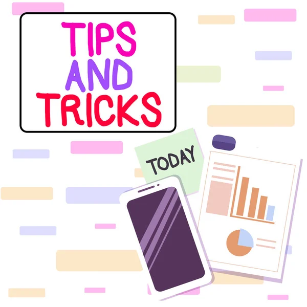 Writing note showing Tips And Tricks. Business photo showcasing means piece advice maybe suggestion how improve Layout Smartphone Sticky Notes with Pie Chart and Bar Graph.