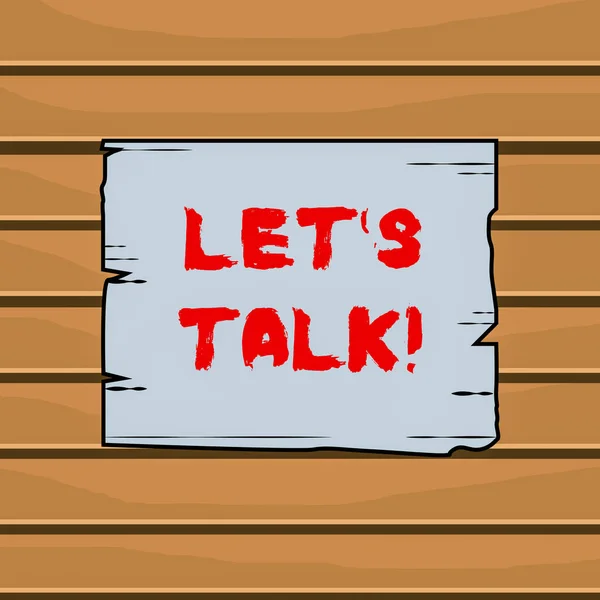 Escritura manual conceptual mostrando Let S Is Talk. Texto de la foto de negocios que sugiere en el comienzo de una conversación sobre el tema Ranuras de tablón de madera ranuras madera panel de color madera . — Foto de Stock