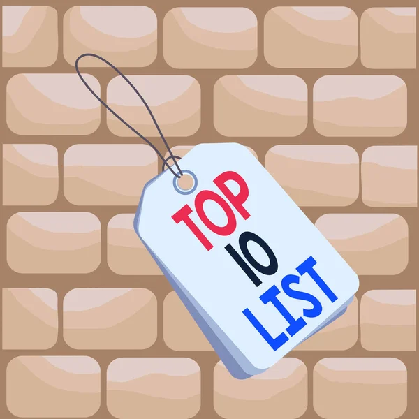 Håndskriftstekst - Top 10 List. Betegnelse som betyr de ti viktigste eller mest vellykkede elementene i en bestemt liste Etikett rektangel tomt merke festet til strenger fargerikt bakgrunnsmerke lite . – stockfoto