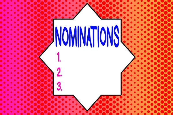 Writing note showing Nominations. Business photo showcasing action of nominating or state being nominated for prize Endless Different Sized Polka Dots in Random Repeated Mirror Reflection.