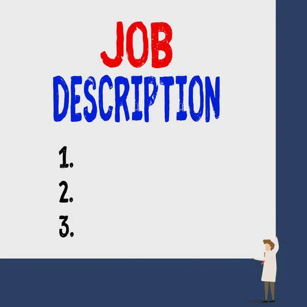 Conceptual hand writing showing Job Description. Business photo showcasing a formal account of an employee s is responsibilities Professor wear white coat red tie hold board use two hands. — Stock Photo, Image
