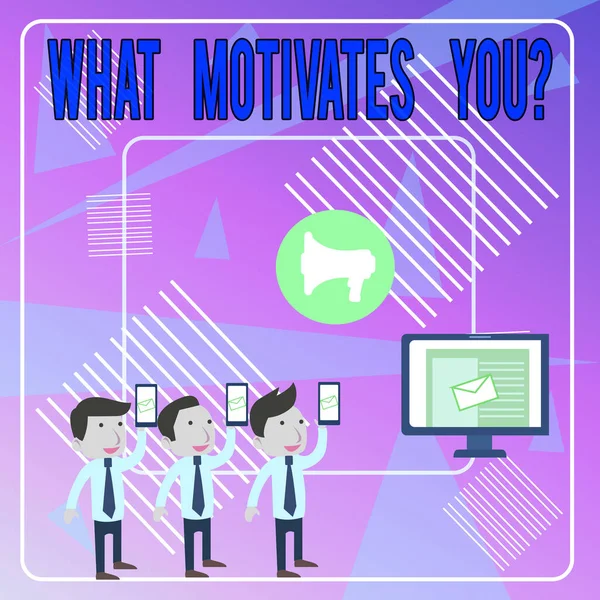 Word writing text What Motivates Youquestion. Business concept for know reasons why you want to wake up each morning SMS Email Marketing Media Audience Attraction Personal Computer Loudspeaker. — 스톡 사진