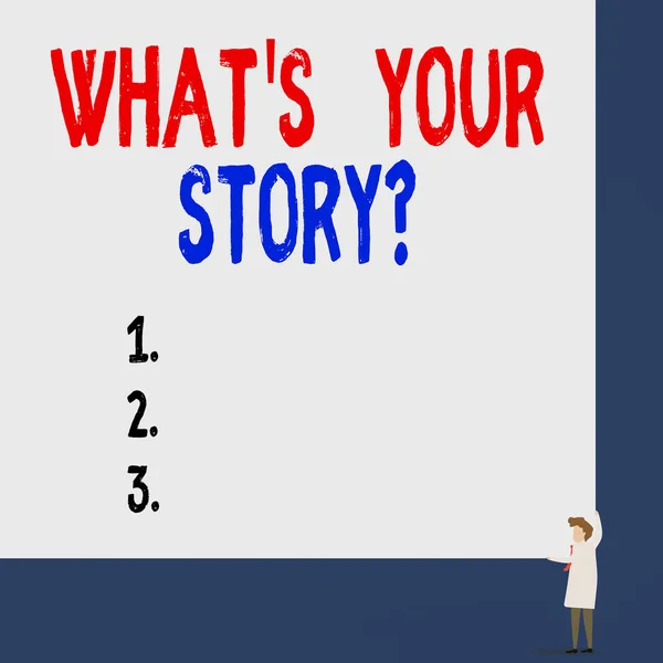 概念手写体显示什么是你的故事问题。商务照片展示分析者询问演示过去的生活事件教授身穿白衣、红领巾、手持板使用两种方法 — 图库照片