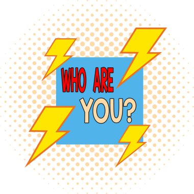 Kelime yazma metni Kim Sorguluyorsun? Birisinin kimliği hakkında soru sormak ya da bilgi göstermek için iş konsepti Asimetrik düzensiz biçim şekli nesne ana hatları çok renkli tasarım.