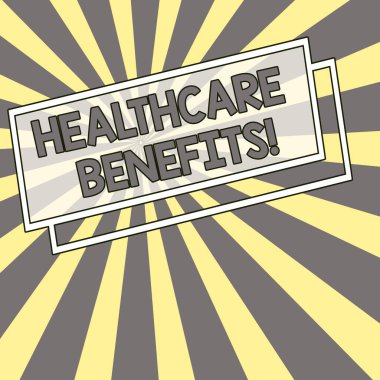 El yazısı metni sağlık hizmetleri yararları. Konsept, çalışanlara sağlanan aylık adil piyasa değeri anlamına geliyor. Sarı Pastel Işınlar Derinliği ve Perspektifi ile Güneş patlaması Patlaması.