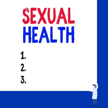 Cinsel Sağlığı gösteren kavramsal el yazısı. İş fotoğraflarında cinsel ilişkilere olumlu ve saygılı yaklaşım gösteriliyor Profesör beyaz önlük giyin, kırmızı kravat takın, iki elinizi kullanın..