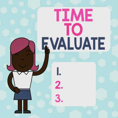 Değerlendirme zamanını gösteren not yazılıyor. İş fotoğrafı sergisi yargıcı değeri veya önemi ile ilgili bir şey Yükseltilmiş Sol İndeks Parmaklı Kadın Boş Metin Kutusunu Gösteriyor.