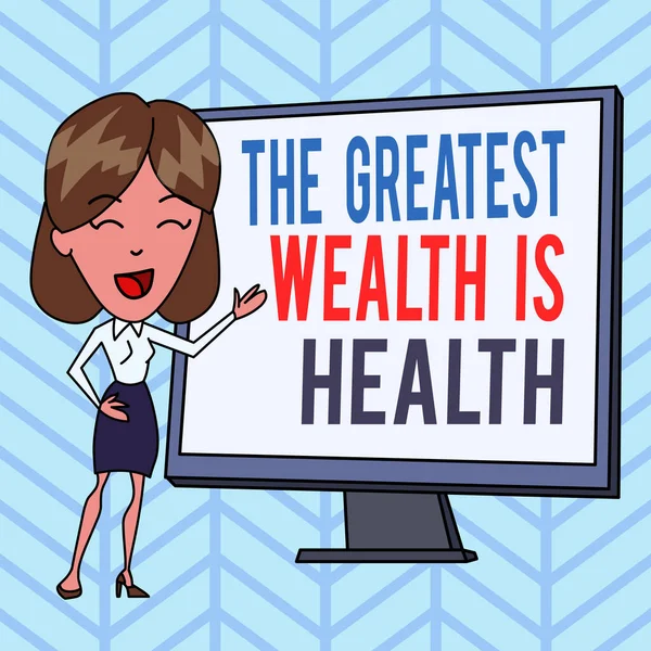 健康が最大の富であることを示すメモを書く。多くの犠牲を示すビジネス写真立ち位置に健康的な白人女性ブランクスクリーンホワイトボードプレゼンテーション. — ストック写真
