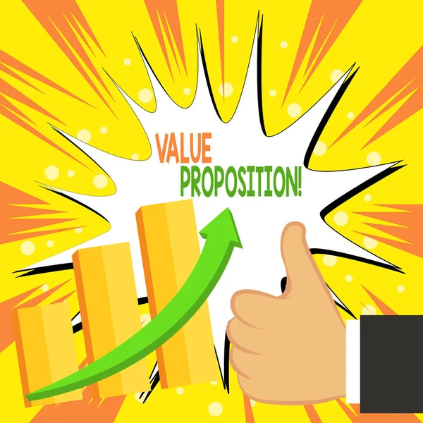 Handwriting text writing Value Proposition. Concept meaning feature intended to make a company or product attractive Thumb Up Good Performance Success Escalating Bar Graph Ascending Arrow. — Stock Photo, Image