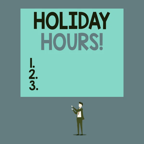Writing note showing Holiday Hours. Business photo showcasing employee receives twice their normal pay for all hours Short hair cut man stand in front audience with board.