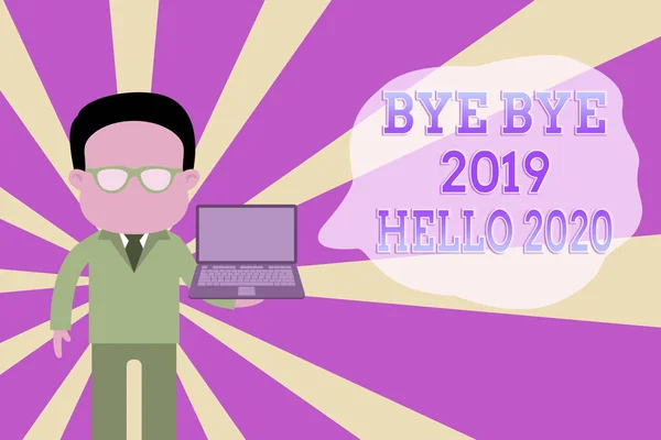 Word writing text Bye Bye 2019 Hello 2020. Üzleti koncepció búcsút a tavalyi és üdvözlésére egy másik jó ember öltönyben viselő szemüveg gazdaság nyitott laptop fotó Art. — Stock Fotó