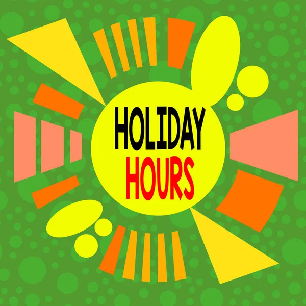 Holiday Hours 'un el yazısı. Konsept, çalışanın her saat için normalin iki katı maaş alacağı anlamına gelir. Asimetrik biçimsiz biçim şekli nesne ana hatları çok renkli tasarım.. — Stok fotoğraf