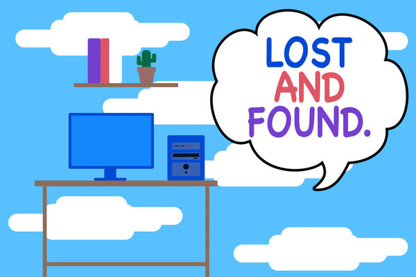 Conceptual hand writing showing Lost And Found. Business photo text a place where lost items are stored until they reclaimed Desktop computer with wooden table shelf books flower pot.