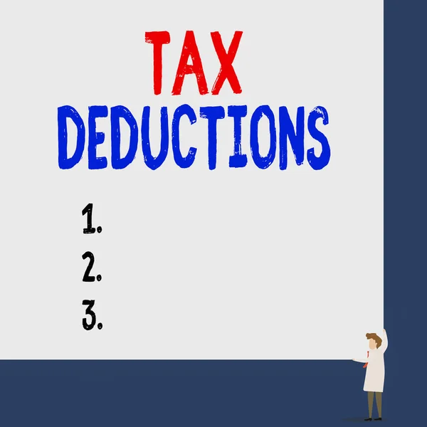 Conceptual hand writing showing Tax Deductions. Business photo showcasing reduction income that is able to be taxed of expenses Professor wear white coat red tie hold board use two hands. — Stock Photo, Image