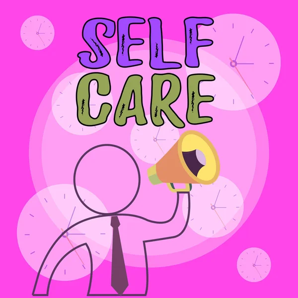 Conceptual hand writing showing Self Care. Business photo showcasing the practice of taking action to improve one s is own health Outline Symbol Man Loudspeaker Announcing Instructions. — Stock Photo, Image