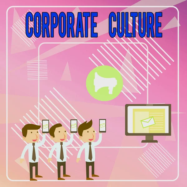 Word writing text Corporate Culture. Business concept for pervasive values and attitudes that characterize a company SMS Email Marketing Media Audience Attraction Personal Computer Loudspeaker.