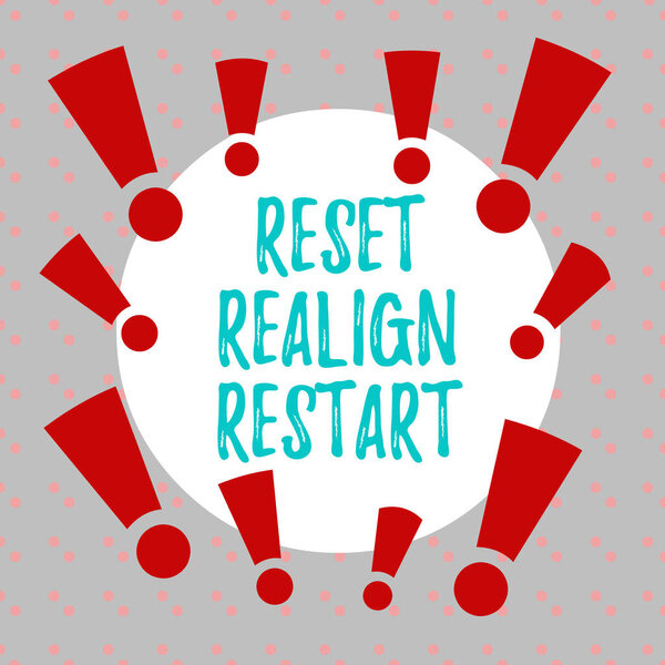 Word writing text Reset Realign Restart. Business concept for Life audit will help you put things in perspectives Asymmetrical uneven shaped format pattern object outline multicolour design.
