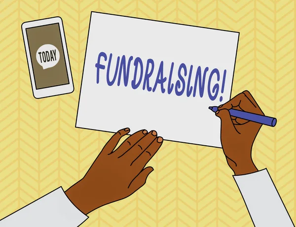 Conceptual hand writing showing Fundraising. Business photo showcasing seeking to generate financial support for charity or cause Top View Man Writing Paper Pen Smartphone Message Icon.