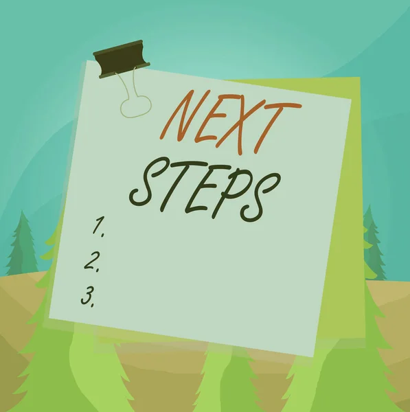 Szövegírás Next Steps. Üzleti koncepció valamire, amit csinálsz vagy tervezel, miután befejeztél valami mást Papír ragadt kötőanyag színes háttér emlékeztető memo irodai ellátás. — Stock Fotó